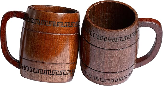 Wooden Beer Mug for Man Woman - 2 pcs Vintage Beer Viking Stein Cups, 12 oz Handmade Wood Camping Barrel Gift for Dad Friend Family Drink Coffee Tea