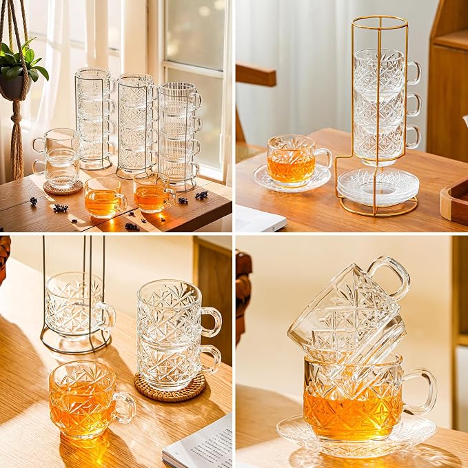 Atarvana 6 Pack Glass Tea Cups and Saucers Set with Spoons, Glazeal Stackable 5.41oz/160ml Heat-Resistant Espresso Cups, Transparent Tea Glass for Cappuccino, Latte, Cafe and Home Kitchen Use