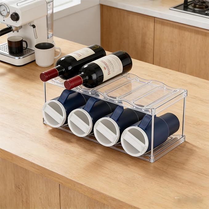 Yieach 2 Tier Waterbottle Organizer for Cabinet - Large Compartment Stackable Water Bottle Holder and Wine Bottle Rack,Acrylic Water Bottle Organizer Rack for 40 oz Stanley Cup,Yeti and Tumbler Shelf