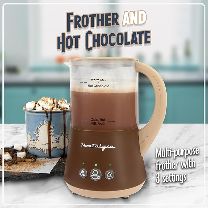 Nostalgia 32 Oz Frother and Hot Chocolate Maker, Warm or Cold Milk Foam, Includes Cocoa Bomb Mold, for Coffees, Lattes, Cappuccinos, Brown