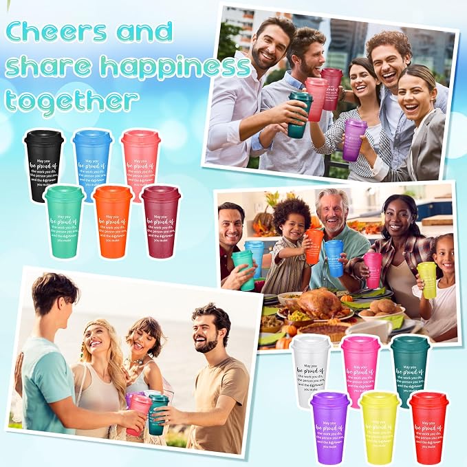 Skylety 96 Pcs Appreciation Tumblers Gifts Bulk 16 oz Thank You Teacher Employee Plastic Coffee Cups with Lids Colorful Reusable Inspirational Tumblers for Coworker Staff Christmas