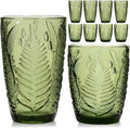 Green Drinking Glasses Mixed Set of 8, 12 oz Highball & 10 oz Lowball Hand-Pressed Glass Cups, Fern Embossed Textured Tumblers, Colored Vintage Glassware for Water, Cocktails, Juice, Housewarming Gift