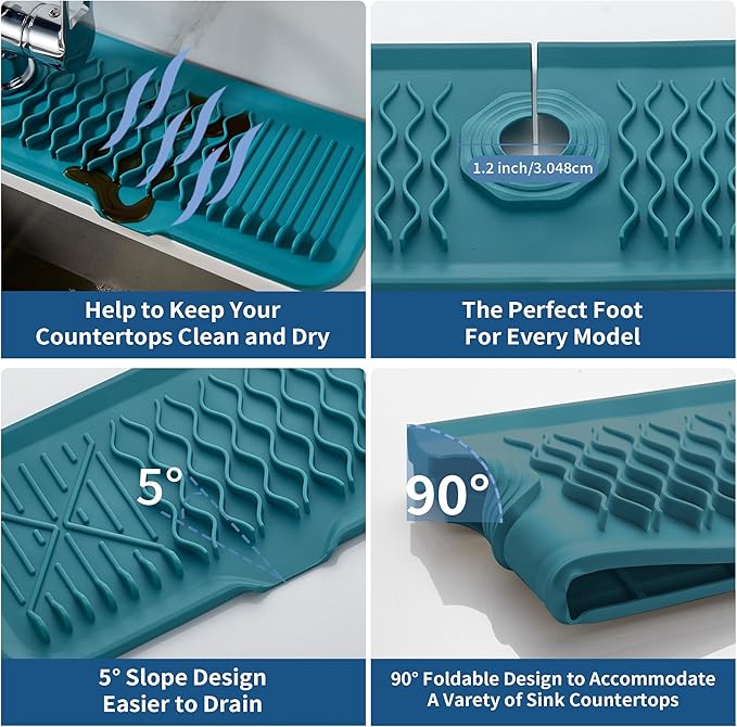 24inch Kitchen Sink Splash Guard Green Draining Mat Dish Drying Mats Sponge Holder and Bathroom Countertop Protect Kitchen Sink Splatter Screen Faucet Splash Guard Faucet Air Drying Mat