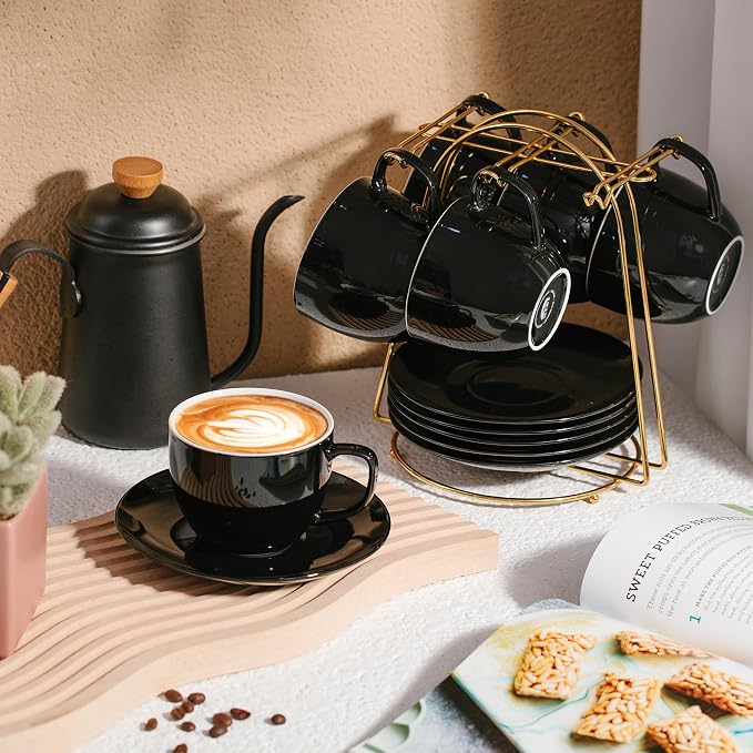 BTaT- Cappuccino Cups with Saucers 8 oz, Set of 6, Black Porcelain Coffee Cup and Saucer Set for Latte, Mocha, Tea, Au Lait, Flat White, Dishwasher, Microwave, Freezer and Oven Safe