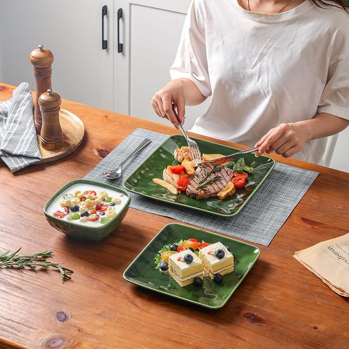 Vicrays Ceramic 18 Pieces Square Dinnerware Set - Dinner Plates Salad Plates Cereal Bowls Set Service for 6 - Scratch Resistant Microwave Oven Dishwasher Safe - Green