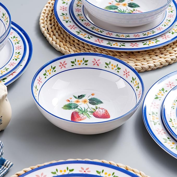 12-Piece Melamine Dinnerware Set - Unbreakable Dish Set， Indoor and Outdoor Plates and Bowls Sets for Perfect for Picnics, Camping, RV, and Beach Parties， Service for 4（Strawberry）