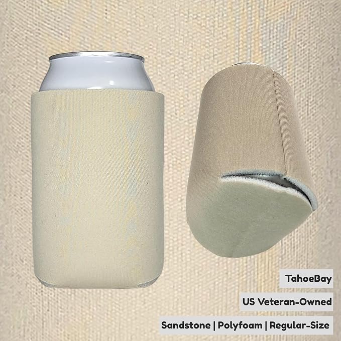 TahoeBay Bulk Blank Beer Can Cooler Sleeves (50-Pack) Sublimation Blanks for Vinyl Plain Soft Foam Can Sleeves Coolers for Soda Cans & Bottles Black, White, Assorted Solid Color (Sandstone)