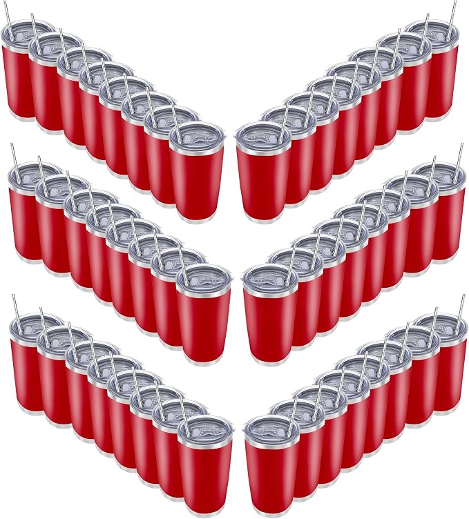 20oz insulted tumblers stainless steel cup Tumbler Bulk with push Lid, and metal straw powder coated coffee cup for cold and hot drinking (48, red)