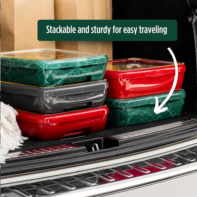 Fancy Panz Green Marble Premium Aluminum Foil Pan Carrier with Secure Latch Lid & Hot/Cold Gel Pack - Made in USA Reusable Casserole Carrier for Half Size Pans - Food Transport Holder for Entertaining