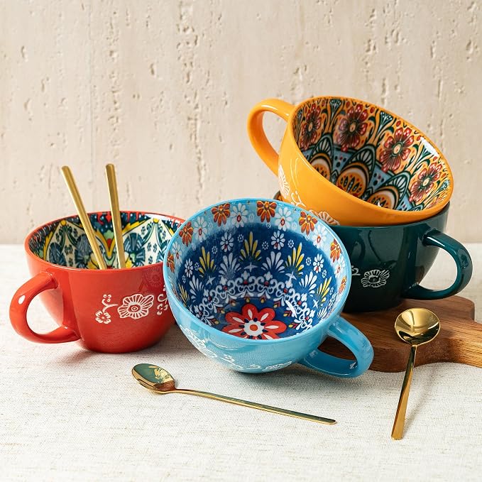 Boho Coffee Mug Set of 4 with Coffee Spoon, Ceramic Large Cups 15 oz/ 450ml, Porcelain Cups for Latte, Tea, Cappuccino, Cocoa, Soup, Dishwasher Microwave Safe, Gift Set Bohemian Style