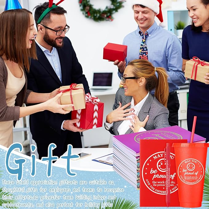 Feifeiya 72 Pcs/ 24 Set Bulk Mugs Gifts Set for Coworkers Employees 24 oz Tumbler with Lids and Straws Motivational Pens Inspirational Notepads Plastic Cup Gift for Staff Week Gift