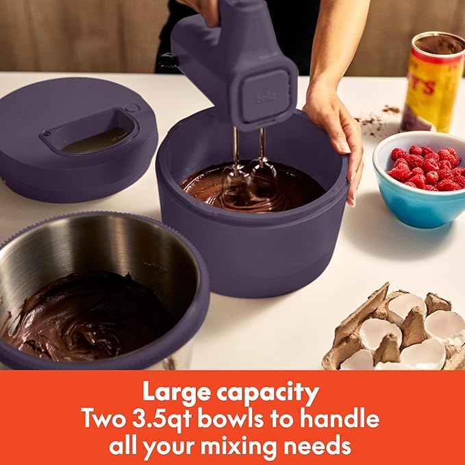 bella 3.5 Qt Hand & Stand Mixer, 2 in 1 Electric Mixer with Bowl, Dough Hook, Whisk & Egg Beater, Multifunctional Handheld Mixer for Baking, 200 Watt, Plum