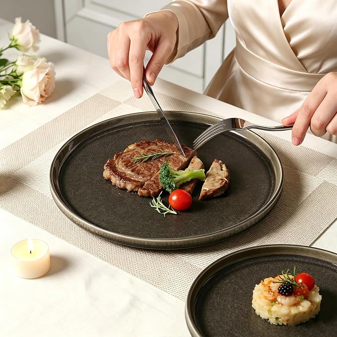 Stoneware Dinnerware Sets, Plates and Bowls Set for 4, 12-Piece Modern Stoneware Dinnerware – Chip Resistant, Non-Toxic, Dishwasher and Microwave Safe Tableware，Glossy Black