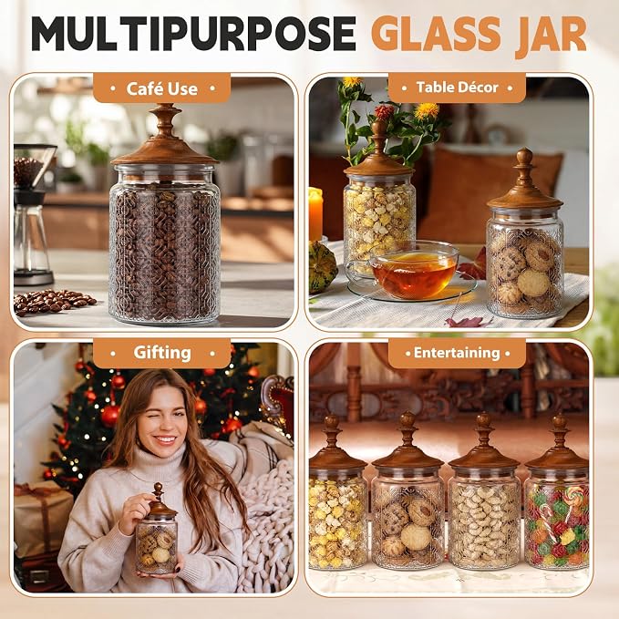 Suclain 6 Pack 24 oz Vintage Glass Jars with Wooden Crown Lids, Decorative Jars with Flower in the Window Pattern, Airtight Glass Food Storage Containers for Tea Coffee Spice Pantry Organization