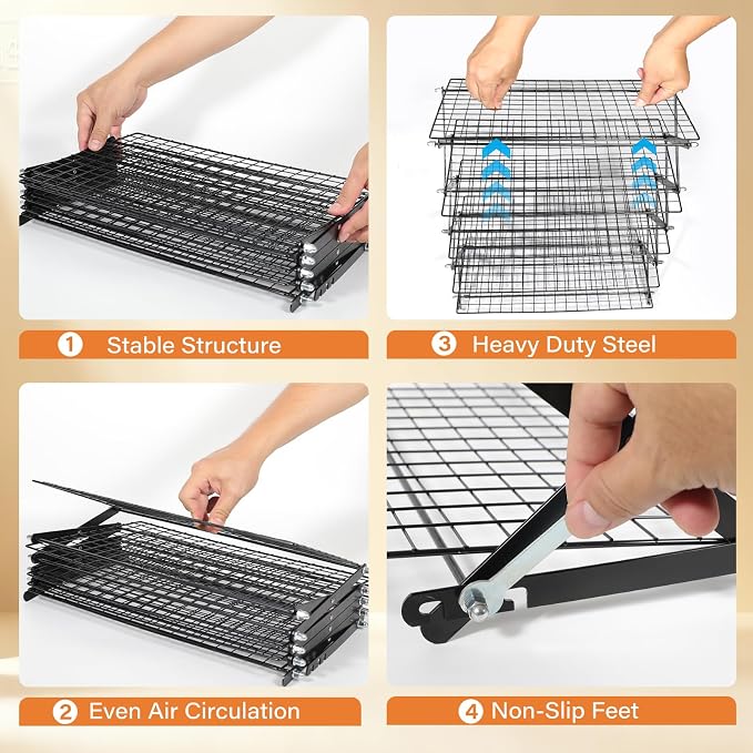5 Tier Upgraded Collapsible Cooling Rack with Adjustable 3 Setting Design, Stackable Baking Rack with Clean Brush, Roasting Cooking Drying Wire Cooling Rack for Cookies Baking Roasting ＆ Grilling