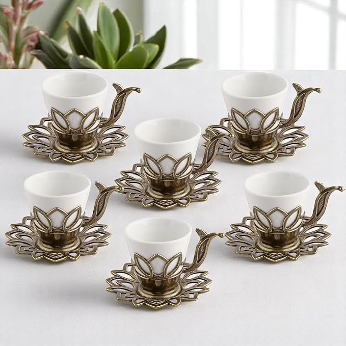Alisveristime (Set of 6) Turkish Coffee Set with Porcelain Cups, Zamac Holders & Saucers – 80ml Capacity, Ottoman Motif, 4 Color Options (Antique Green)