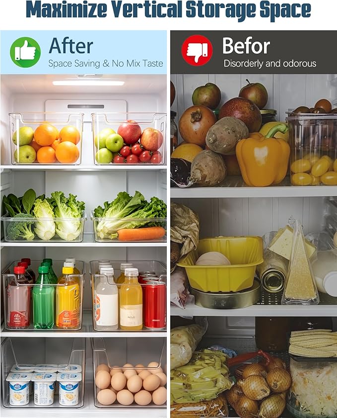 Crystal Clear Freezer Storage Bins - 8 Pack Clear Plastic Bins for Refrigerator and Pantry, Stackable Kitchen Cabinet Organizer with Handles for Frozen Food, Meat & Veggies (8PCS S)