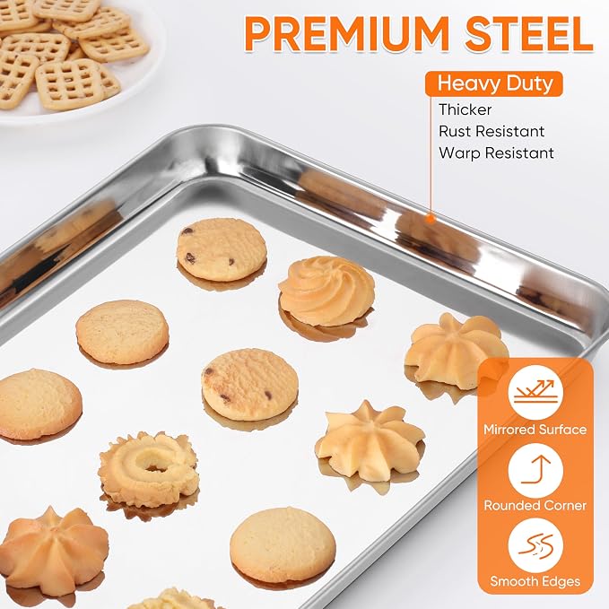 LIANYU Baking Sheet Pans Set of 3, Stainless Steel Cookie Sheets for Baking, 17.5/16/12.4 Inch, Half/Quarter/Jelly Roll Pans for Oven, Mirror Finish Metal Tray, Heavy Duty & Rust Resistant