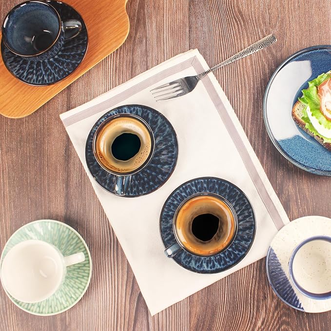 Coffee Mugs Set, 6.8 Oz,Ceramic Tea Cup with saucer, Espresso Cups 8-piece, Stackable Cups, for Latte,Hot Tea,Cappuccino, Mocha, Cocoa, dishwasher & microwave safe,Royal blue