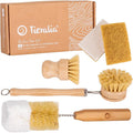 Tieralia Bamboo Dish Brush Set 5 Piece – Eco Friendly Kitchen Cleaning Kit with Bottle Brush, Long Dish Brush, Palm Scrubber & 2 Plant-Based Sponges | Plastic-Free Natural Dish Scrubber