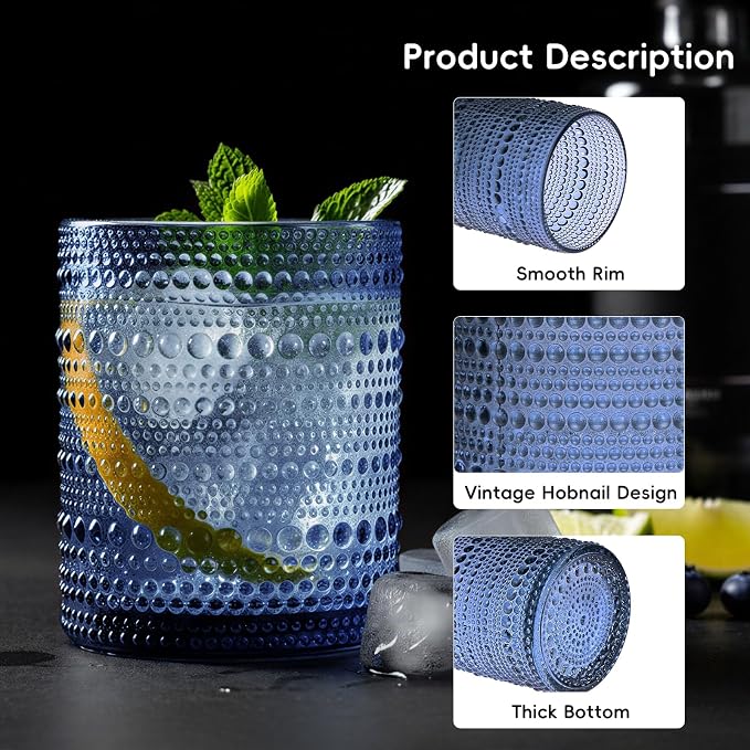Moretoes Hobnail Drinking Glasses, 12 Piece Blue Water Glass Cups, Mixed Vintage Glassware Set, 6pcs 12oz Highballs and 6pcs 10oz Old Fashioned Glasses, Great for Cocktail, Whisky and Other Beverages