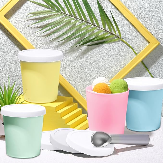 Nuenen 5 Pack Ice Cream Containers 1Qt Freezer Storage Tubs with Silicone Lids and Spoon for Homemade Ice Cream Reusable, Sorbet Dishwasher Safe (Macaron color)