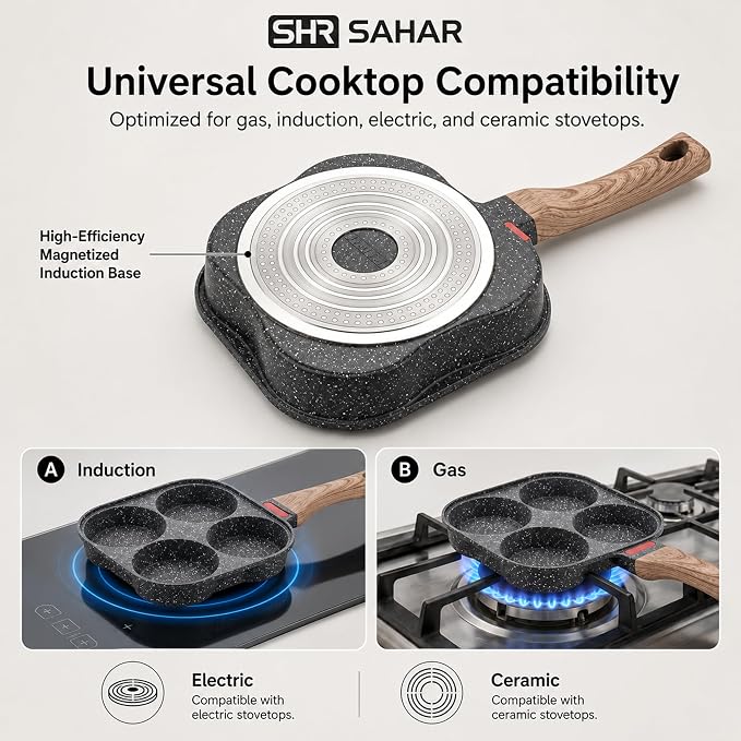 4-Cup Nonstick Egg Pan with Lid, Aluminum Multi-Section Frying Pan, Egg Cooker & Mini Pancake Maker for Breakfast, Pancakes & Omelets, Compatible with Gas & Induction Cooktops