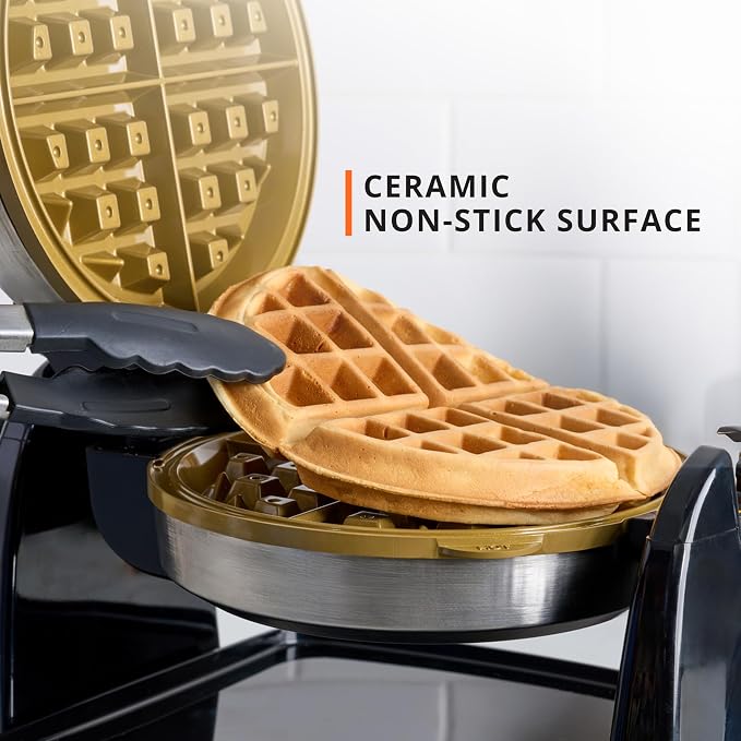 KRUPS Waffle Maker, Rotating Belgian Waffle Maker, 180° Flip Waffle Iron, Ceramic Non-Stick Plate, 3 Browning Control Levels, Foldable Cool Touch Handle, Removable Drip Tray, Stainless Steel