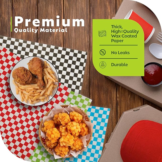 Culiware Deli Paper Sheets, 12x12 inch, 1000pcs - Classic Checkered Wax Sheet, Precut Food Basket Liners, Grease-Resistant Wrapping Paper for Sandwich Bread Burritos (Black and White)