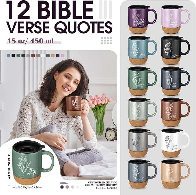 FillTouch 12 Pcs Christian Mug Gifts Bulk 15oz Religious Cup Cork Bottom Coffee Mug with Verse Inspirational Gift for Women Men Pastor Church Group Bible Study Member(Boho,Flower)