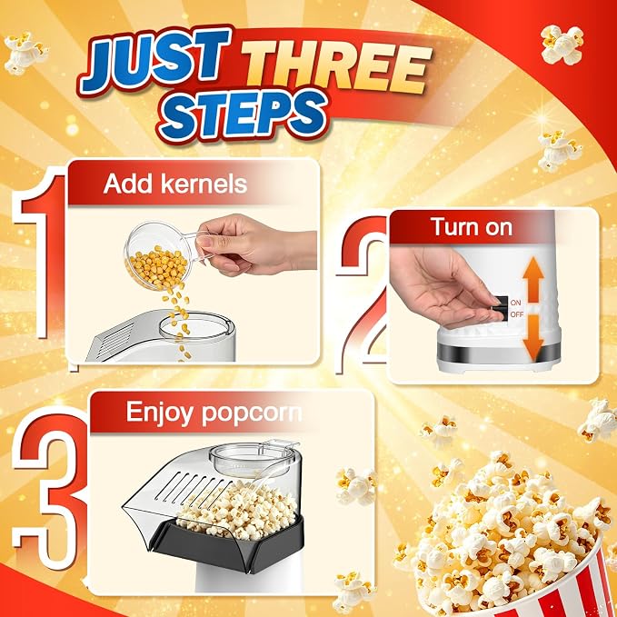 4.5Qt Hot Air Popcorn Popper - Oil-Free Healthy Popcorn Machine with Butter Melting Tray, Measuring Cup & One-Touch Switch, ETL Certified Popcorn Maker for Home, Movie Night, Party (White)
