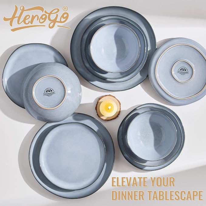 Herogo Stoneware Dinnerware Sets for 6, 24 Piece Ceramic Dinner Dishes Set, Irregular Handmade Plates and Bowls Dishware, Crack and Scratch Resistant, Reactive Glaze, Smoky Blue