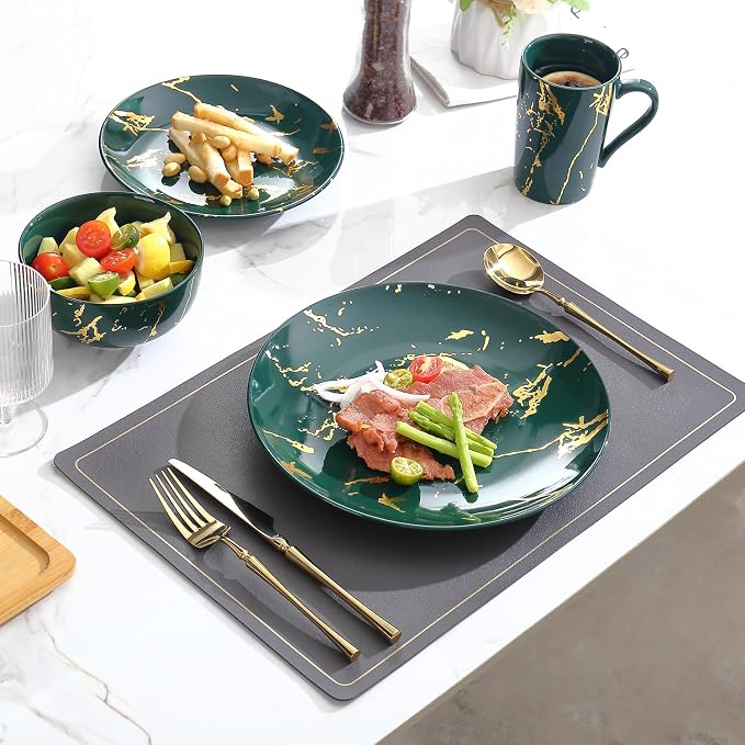 Microwave Safe Porcelain Green and Gold Dinnerware Set for 4 – 16 Piece Stackable Plates and Bowls Sets with Gold Accents