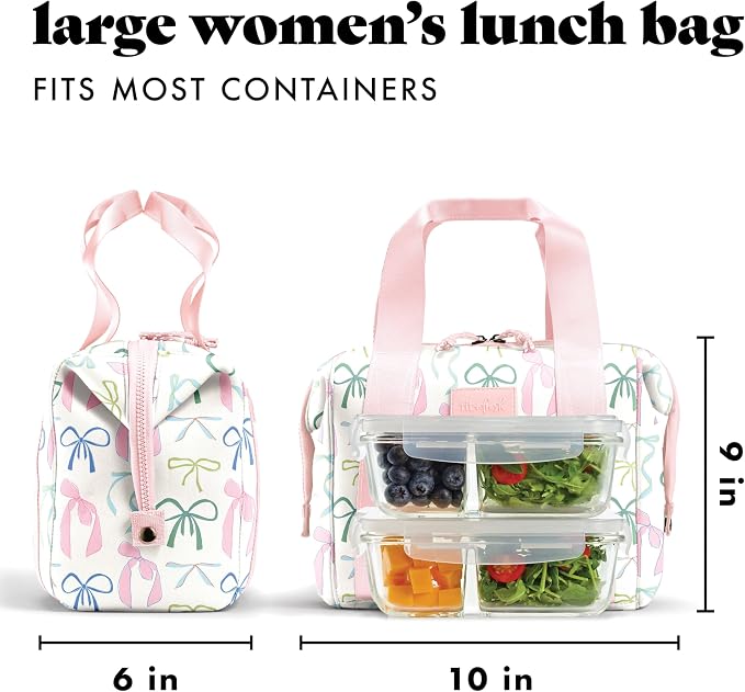 Fit & Fresh Remi Lunch Bag for Women Work – Neoprene Lunch Tote with Containers & Ice Pack, Reusable Meal Prep Lunch Box, Large Capacity, Machine Washable, Dainty Bows