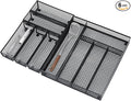 Neudeco Drawer Organizer Set 6 Pack - 5-Compartment Silverware Organizer Tray + 5 Utensil Trays, Kitchen Drawer Organizer for Flatware, Cutlery, Office Supplies, Black Mesh, Non-Slip.