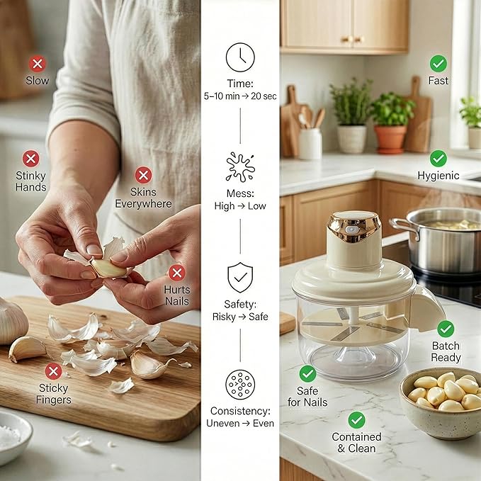 Electric Garlic Prep Assistant – Garlic Peeler Tool That Loosens Skin for Easy Peeling, Fast Kitchen Gadget for Garlic Cloves, Also Works for Pearl Onions, Grapes, & Cherry Tomatoes, Easy-Clean, White