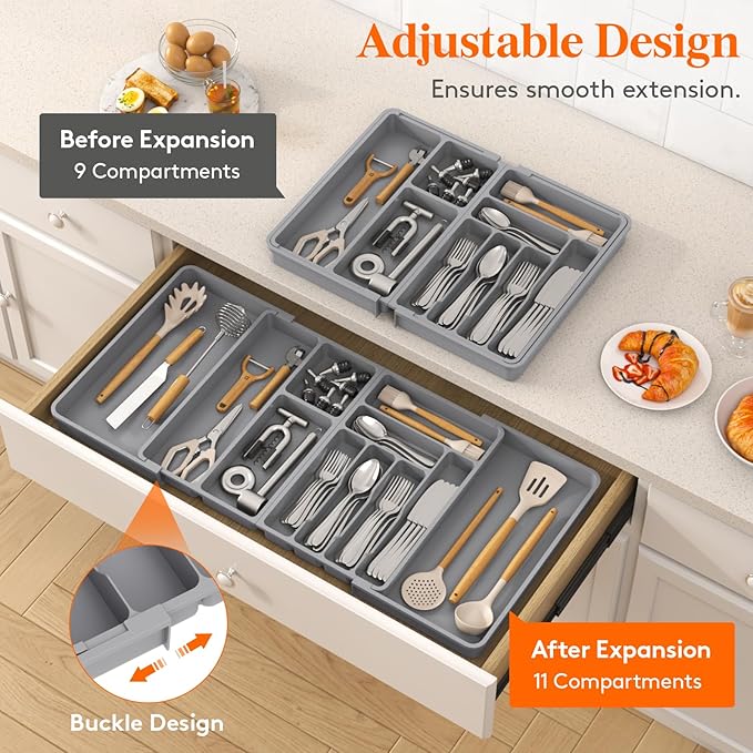 Lifewit Silverware and Cooking Utensil Drawer Organizer Set – Expandable Adjustable Plastic Storage for Cutlery, Flatware, Spoons, Forks, Knives, and Kitchen Tools, BPA-Free, Gray
