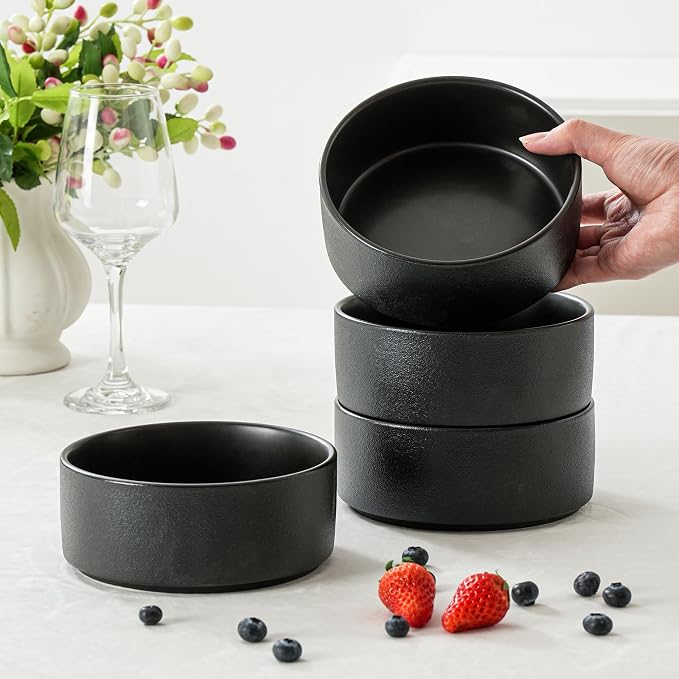 26 OZ Ceramic Cereal Bowls Set, 6 Inch, Set of 4, Modern Black | Dishwasher & Microwave Safe, Handcrafted, For Breakfast, Soups, Oatmeal, Ramen, Pho, Udon, Soba