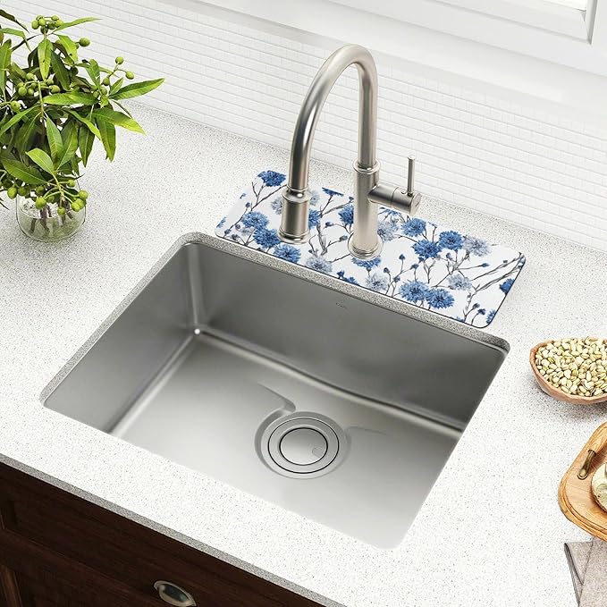 Kitchen Sink Splash Guard 2 PCS 14.7 Inch Sink Faucet Mat Splash Guard for Bathroom Countertop Water Absorbent Foldable Cuttable Soft Washable Chinese Style Cornflower