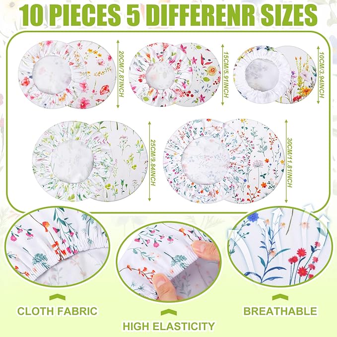 Patelai 10 Pcs Bowl Covers Reusable in 5 Size Stretch Cloth Fabric Elastic Food Storage Bowl Covers Bread Sourdough Lids for Proofing Food Fruits Leftover(Colorful,Spring Style)