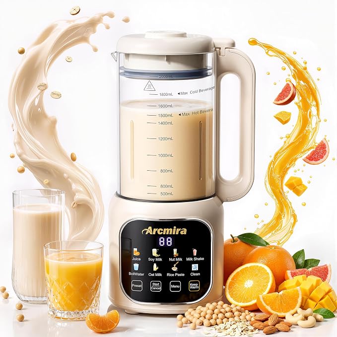 Arcmira 68oz Automatic 8-in-1 Nut Milk Maker, 10 Blades -No Soak, Self-Clean, Delay Start & Keep Warm, for Almond/Soy/Oat Milk, Juice, Boil Water, Shakes - Plant-Based Dairy Free for Family & Party