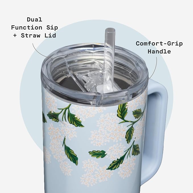Corkcicle x Rifle Paper Co. Cruiser Insulated Tumbler with Handle & Straw - Keeps Drinks Cold 20 Hours - BPA-Free - 40 oz - Gift for Mom - Great for Mother's Day or Christmas - Gloss Blue Hydrangea