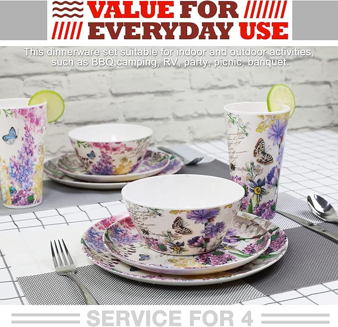 Melamine Dinnerware Set for 4-16 Pcs:Camping Dishes Set with Dinner Plates,Salad Plates,Cups and Bowls.Lightweight and Unbreakable.Indoor and Outdoor Use.