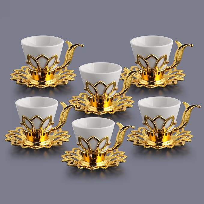 Alisveristime (Set of 6) Turkish Coffee Set with Porcelain Cups, Zamac Holders & Saucers – 80ml Capacity, Ottoman Motif, 4 Color Options (Gold)