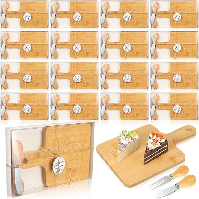 Nuogo 16 Set Wedding Bridal Shower Cheese Board Party Favors Wooden Mini Charcuterie Boards and Knives Set with Thank You Tags Bamboo Board Gifts for Guests Valentine Bridal Birthday Party(Rectangle)
