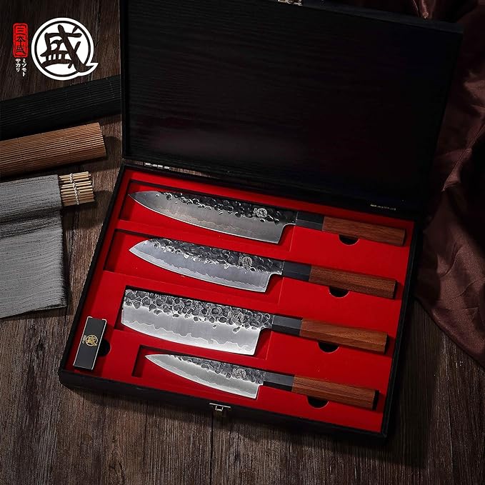 MITSUMOTO SAKARI 4-Piece Japanese Chef Knife Set, San-Mai 9Cr18MoV | Gyuto Santoku Nakiri Paring, Deep-Cryo Heat Treatment, Tsuchime Food Release, Rosewood Handles, Sandalwood Box
