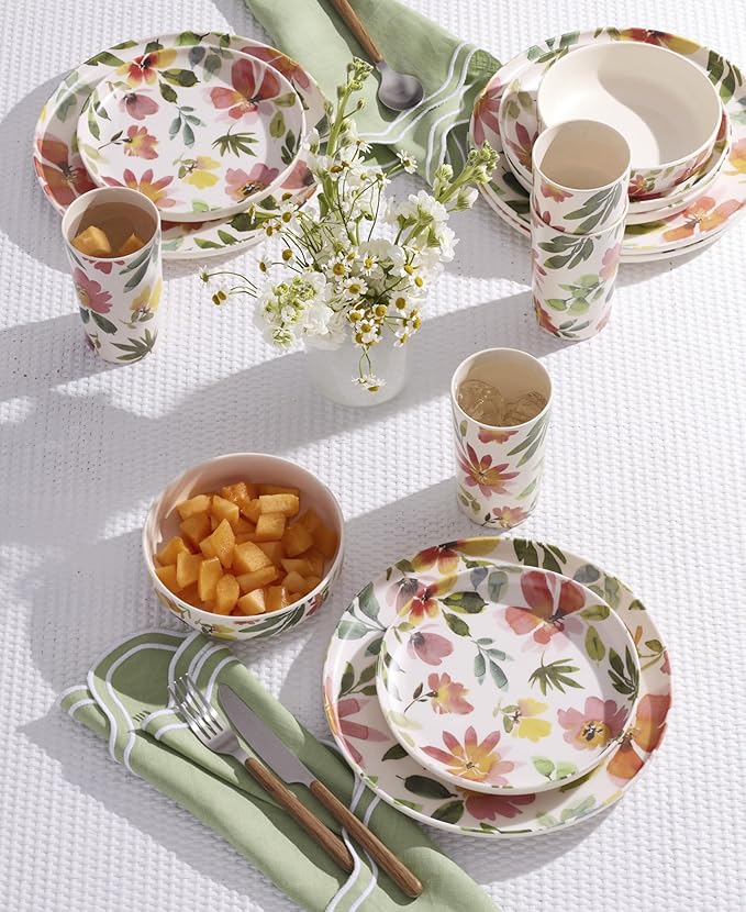 Oneida 24 Seven Melamine Collection, Dishwasher Safe Melamine Dinnerware and Drinkware, Floral Pattern, Dinnerware Set, 12-Piece