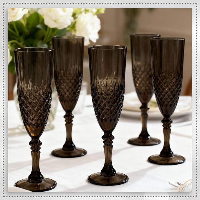 Plastic Champagne Flutes, Champagne Glasses Bulk, Reusable Unbreakable Acrylic Wine Glasses Goblets for Weddings Bachelor Parties Toasting Bridal Shower (12, Black)