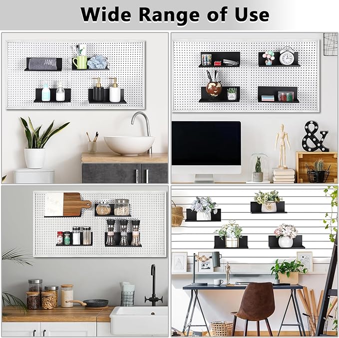 Kokone 6 Pack Magnetic Pegboard Shelves with Lip Around The Edge, 10x4.3 Inch Metal Peg Board Shelves Accessories for Storing or Displaying, Wall Pegboard Steel Tray for Garage Workshop Craft Room