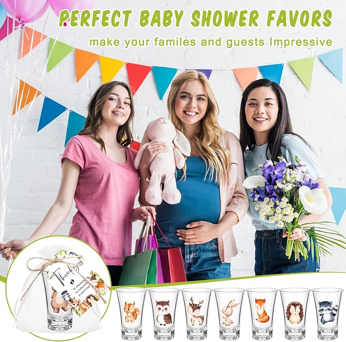 Pickmesh 25 Sets Woodland Baby Shower Party Favors Jungle Animal Shot Glasses with Thank You Tags Bags for Animal Jungle Theme Baby Shower Gender Reveal Party